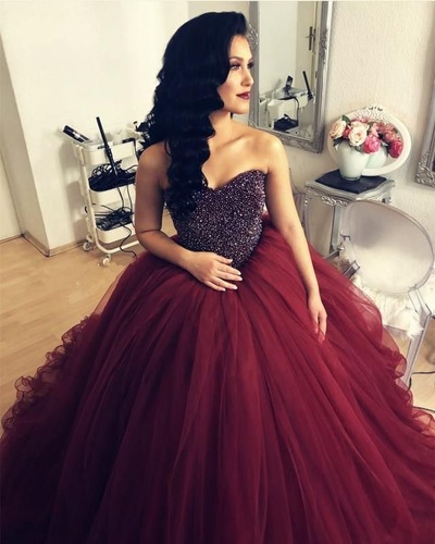 Burgundy Ball Gowns Prom Dresses with Beaded