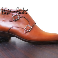 Handmade Tan Men's Double Monk boot, Buckle Designer boot - Thumbnail 2