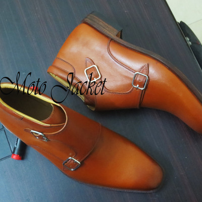 Handmade tan men's double monk boot, buckle designer boot - Thumbnail 4