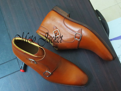 Handmade Tan Men's Double Monk boot, Buckle Designer boot
