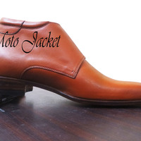 Handmade Tan Men's Double Monk boot, Buckle Designer boot - Thumbnail 1