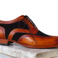 Handmade Men's Tan Black Suede Leather Shoes, Men's Lace up Wing Tip Brogue Shoes - Thumbnail 2