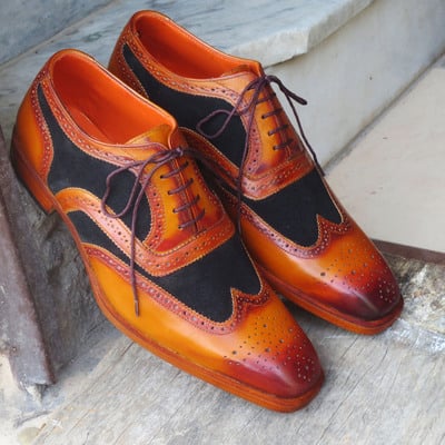 Handmade men's tan black suede leather shoes, men's lace up wing tip brogue shoes - Thumbnail 4