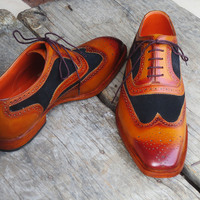Handmade Men's Tan Black Suede Leather Shoes, Men's Lace up Wing Tip Brogue Shoes - Thumbnail 1