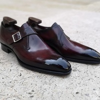 Handmade Men's Monk Shoes, Men's Burgundy Black Color Leather Monk Strap Casual Shoes - Thumbnail 1