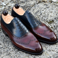 Handmade Men's Wing Tip Shoes, Men's Burgundy Black leather wing Tip Lace Up Shoes. - Thumbnail 1