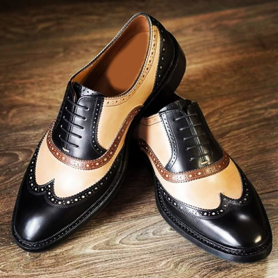 Handmade men's wingtip shoes, mens beige brown black color leather wingtip lace up shoes. - Thumbnail 5
