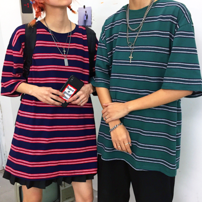 Free Shipping-UNISEX GREEN / NAVY STRIPED TEE