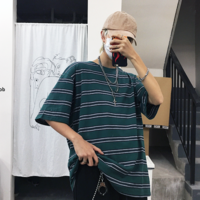 Free Shipping-UNISEX GREEN / NAVY STRIPED TEE - Thumbnail 1