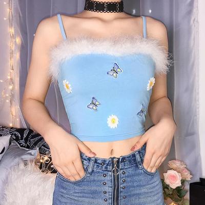 Flower butterfly embroidery fur crop top
