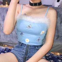 Flower Butterfly Embroidery Fur Crop Top - Thumbnail 1