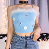 Flower Butterfly Embroidery Fur Crop Top - Thumbnail 2