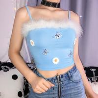 Flower Butterfly Embroidery Fur Crop Top - Thumbnail 3