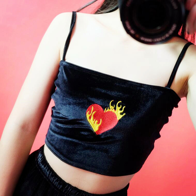Flame heart embroidered velvet crop top