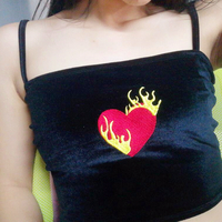 Flame Heart Embroidered Velvet Crop Top - Thumbnail 2