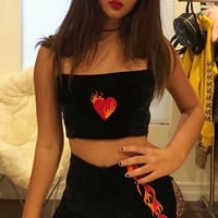 Flame Heart Embroidered Velvet Crop Top - Thumbnail 3