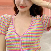 V-neck Rainbow Stripe Knitted Top - Thumbnail 1