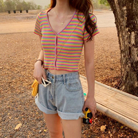 V-neck Rainbow Stripe Knitted Top - Thumbnail 3
