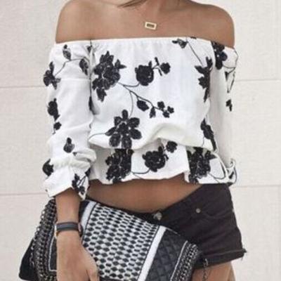 White floral print off-shoulder cropped top