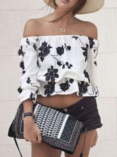 White Floral Print Off-Shoulder Cropped Top