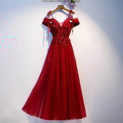 Burgundy lace tulle long prom dress, evening dress