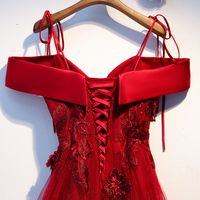 Burgundy lace tulle long prom dress, evening dress - Thumbnail 1