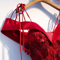 Burgundy lace tulle long prom dress, evening dress - Thumbnail 2