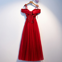 Burgundy lace tulle long prom dress, evening dress - Thumbnail 4