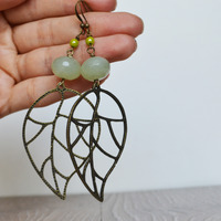 Large Leaf Earrings, Lime Green Jade and Leaf Earrings Boho - Thumbnail 1