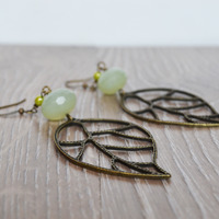 Large Leaf Earrings, Lime Green Jade and Leaf Earrings Boho - Thumbnail 2