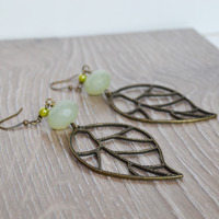 Large Leaf Earrings, Lime Green Jade and Leaf Earrings Boho - Thumbnail 3