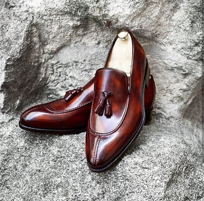 Handmade Men's Brogue Shoes, Dark Brown Leather Tassels Slips on Loafer Shoes