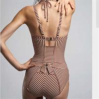 Women's One-Piece Swimsuit,Striped Print Tied Bikini Monokini Women Swimwear - Thumbnail 1