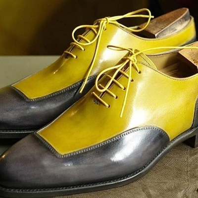 Handmade men's fashion shoes, men's yellow and gray color leather lace up fashion shoes. - Thumbnail 4
