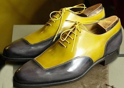 Handmade Men's Fashion Shoes, Men's Yellow and Gray Color Leather lace Up Fashion Shoes.