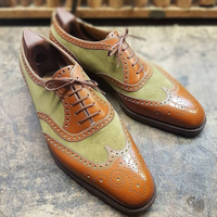 Handmade Men's Wing Tip Shoes, Men's Green Brown Leather & Suede Wing Tip Lace Up Shoes - Thumbnail 1