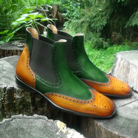 Handmade Men's Chelsea Boot, Men's Tan Green Color Leather & Suede Chelsea Casual Boot. - Thumbnail 1