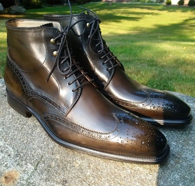 Handmade Men's Ankle High Boot, Men's Dark Brown Leather Wing Tip Lace Up Casual Boot.