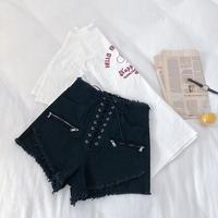 High Waist Straps Cross Zip up Fringed Denim Shorts - Thumbnail 3