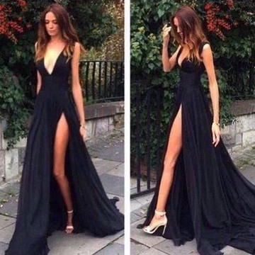 Deep V Neck Split Side Black Prom Dresses Long 