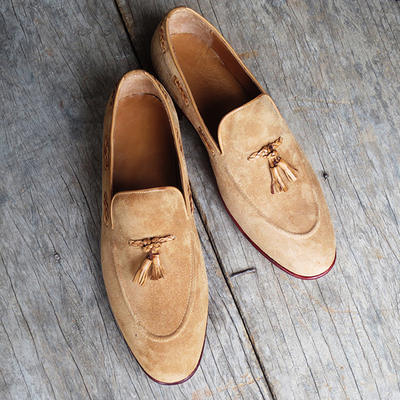Handmade men's loafer shoes, men's beige suede tassels slips on loafer shoes