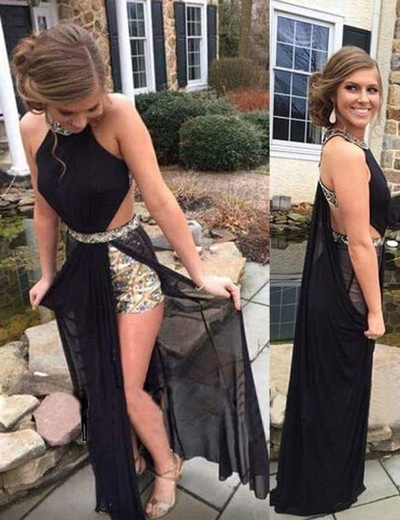 Black Halter Long Prom Dresses with Shorts