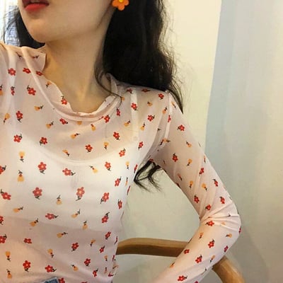 See-through flower long sleeve t-shirt