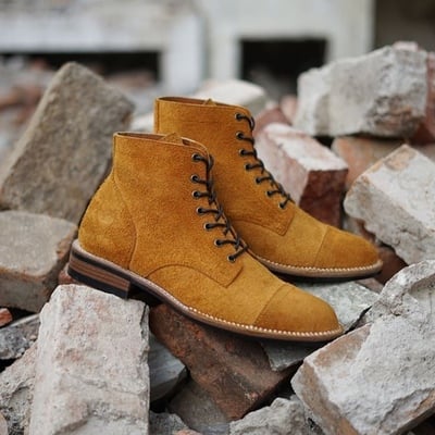 Handmade men's ankle high boot, men's  tan brown suede cap toe lace up casual boot.