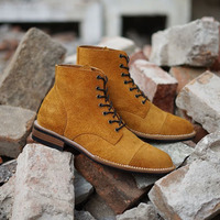 Handmade Men's Ankle High Boot, Men's  Tan Brown Suede Cap Toe Lace Up Casual Boot. - Thumbnail 1