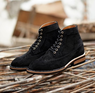 Handmade Men's Ankle High Boot, Men's  Black Suede Wing Tip Lace Up Casual Boot.