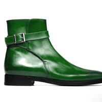 Handmade Men's Jodhpurs Boot, Men's Green Leather Jodhpurs Buckle Casual Boot. - Thumbnail 1