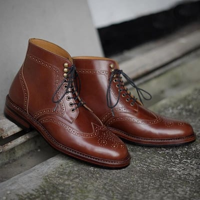 Handmade men's ankle high boot, men's  dark brown wing tip lace up casual boot.