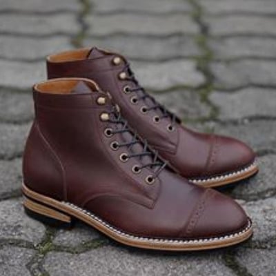 Handmade men's brogue ankle high boot, men's burgundy leather lace up casual boot.