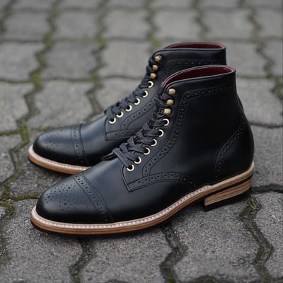 Handmade men's ankle high boot, men's  black leather cap toe lace up casual boot.